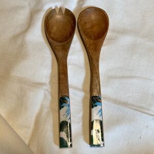 Wooden Salad Servers with Blue & green Accents